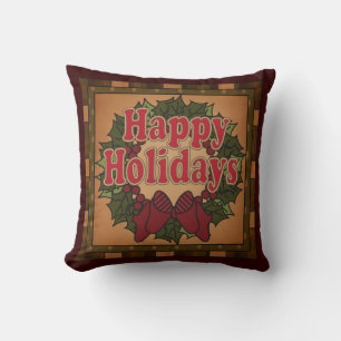 Decorative Happy Holiday Christmas Wreath Throw Pillow
