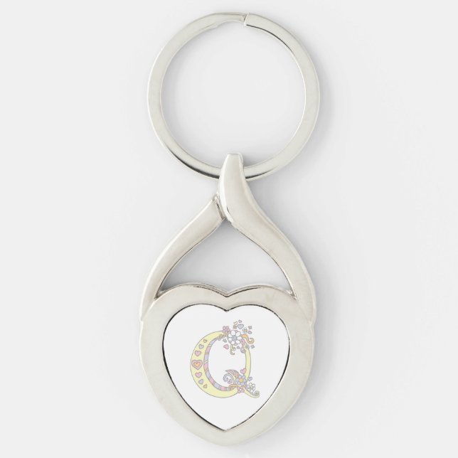 Decorative hearts flowers initial letter Q keyring (Front)