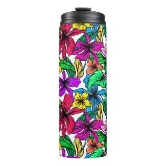 Decorative hibiscus flowers, floral pattern, color thermal tumbler