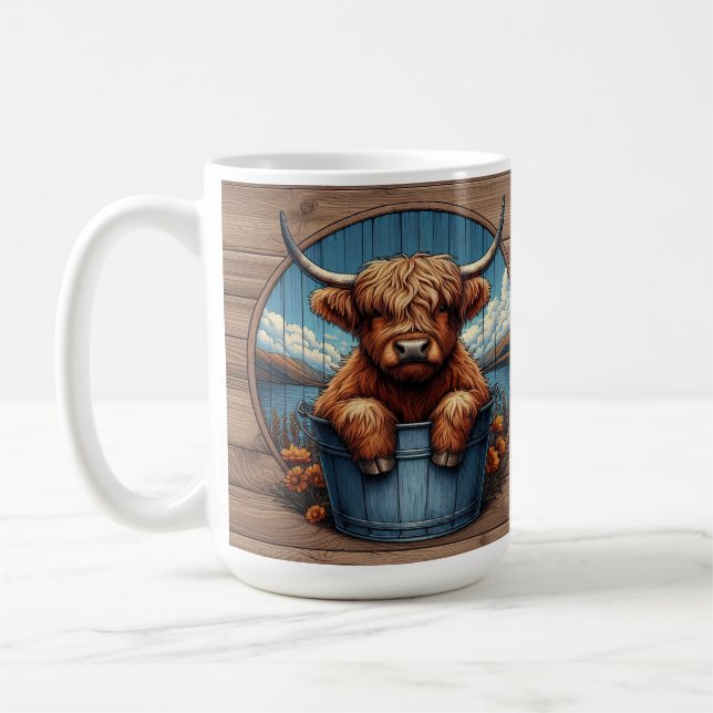 Decorative Highland Cow With Rustic Countryside  Coffee Mug (Left)
