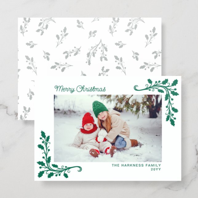Decorative Holly Greenery Corners Merry Christmas Letterpress Photo Cards (Front/Back)