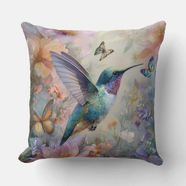 Decorative Humming Bird Flowers Throw Pillow (Front)