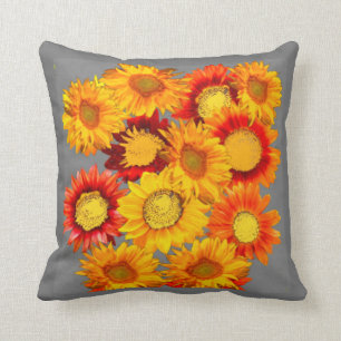 DECORATIVE KANSAS SUNFLOWERS GREY ART THROW PILLOW