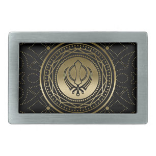 Decorative Khanda symbol gold on black Belt Buckle
