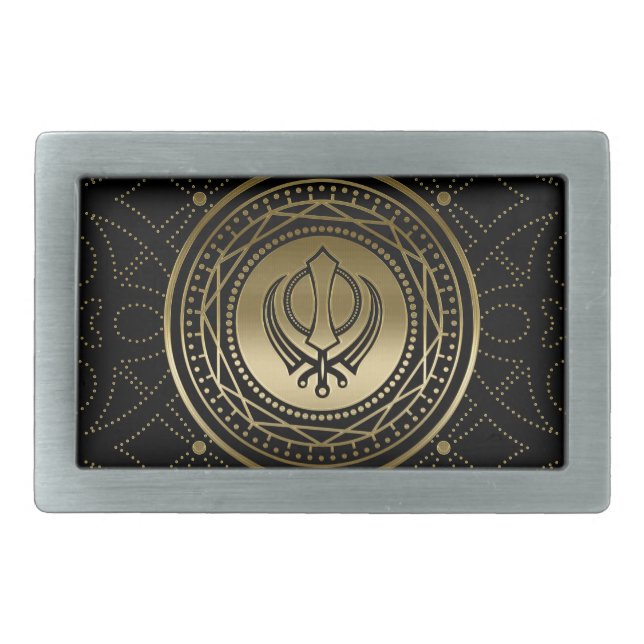 Decorative Khanda symbol gold on black Belt Buckle (Front)