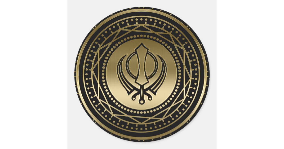 Khanda Sticker Decorative Khanda symbol gold on black Classic Round Sticker | Zazzle