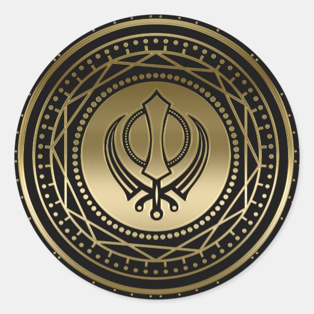 Decorative Khanda symbol gold on black Classic Round Sticker (Front)