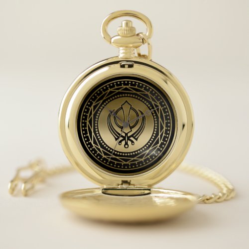 Decorative Khanda symbol gold on black Pocket Watch