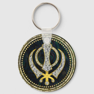 Decorative Khanda symbol with gemstones & gold Keychain