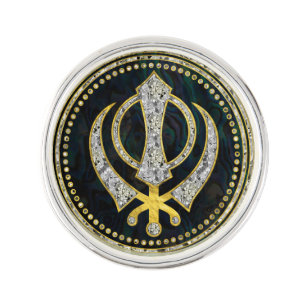 Decorative Khanda symbol with gemstones & gold Lapel Pin