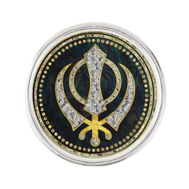 Decorative Khanda symbol with gemstones & gold Lapel Pin (Front)
