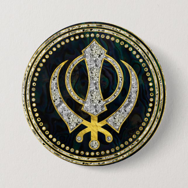 Decorative Khanda symbol with gemstones & gold Pinback Button (Front)