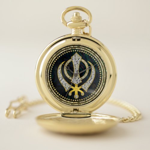 Decorative Khanda symbol with gemstones  gold Pocket Watch