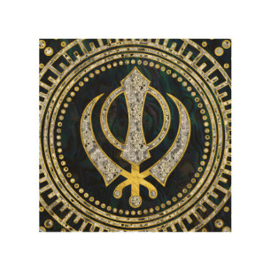 Decorative Khanda symbol with gemstones & gold Wood Wall Art