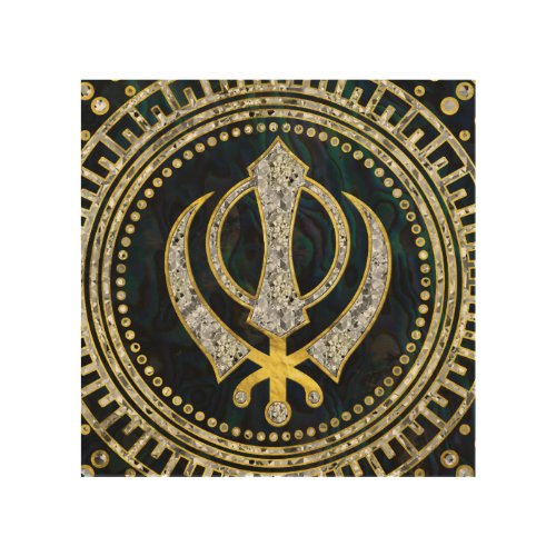 Decorative Khanda symbol with gemstones  gold Wood Wall Art