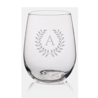Decorative Laurel Wreath With Custom Monogram Stemless Wine Glass