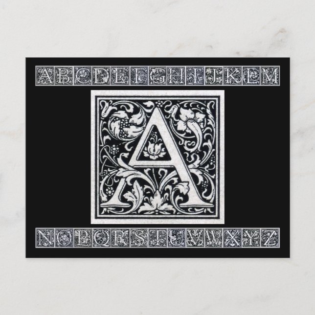 Decorative Letter "A" Woodcut Woodblock Inital Postcard (Front)