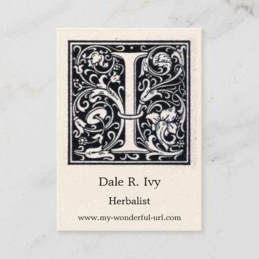 Customizable Decorative Letter "I" Woodcut Woodblock Initial Business Card