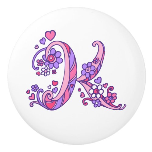 Decorative letter K monogram pink purple knob