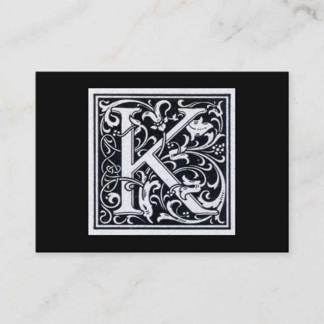 Decorative Letter "K" Woodcut Woodblock Initial Business Card (Front)
