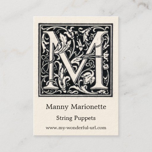 Customizable Decorative Letter "M" Woodcut Woodblock Initial Business Card Templates