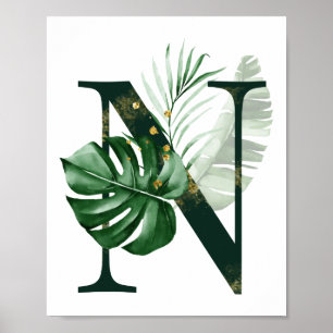 Decorative Letter N With Tropical Holeaves Poster