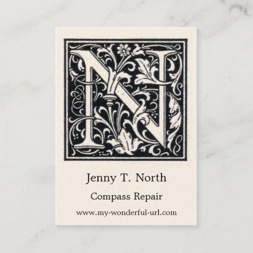Decorative Letter N Woodcut Woodblock Initial Business Card