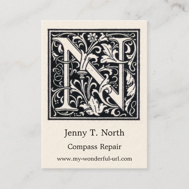 Decorative Letter "N Woodcut Woodblock Initial Business Card (Front)