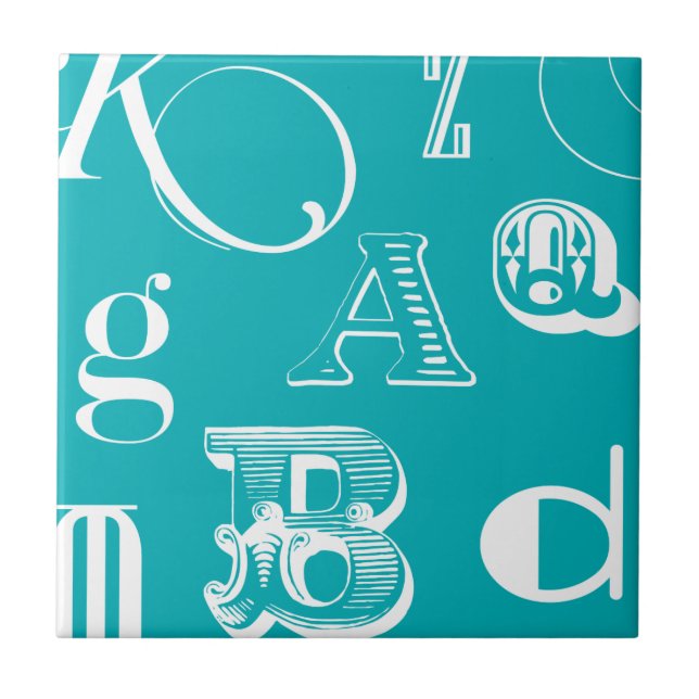 Decorative Letters on Blue Background Ceramic Tile (Front)