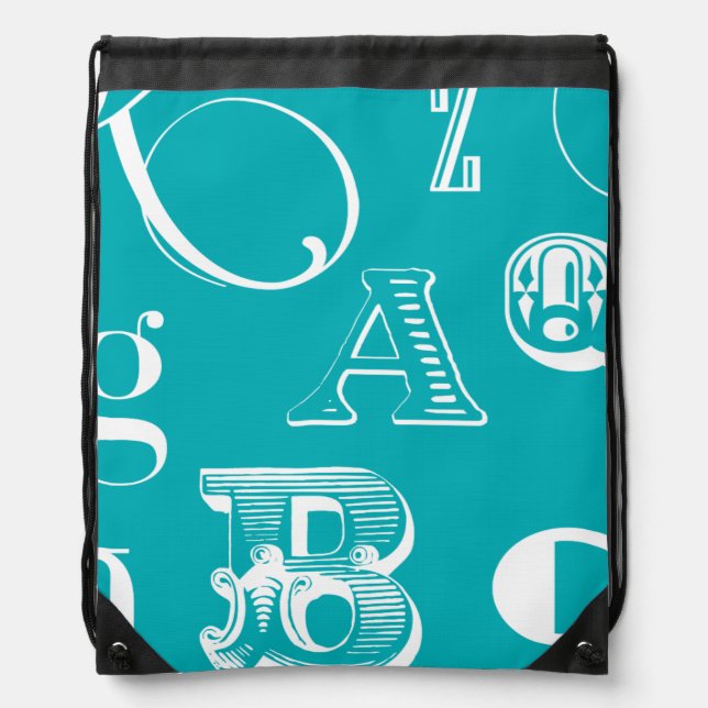 Decorative Letters on Blue Background Drawstring Bag (Front)