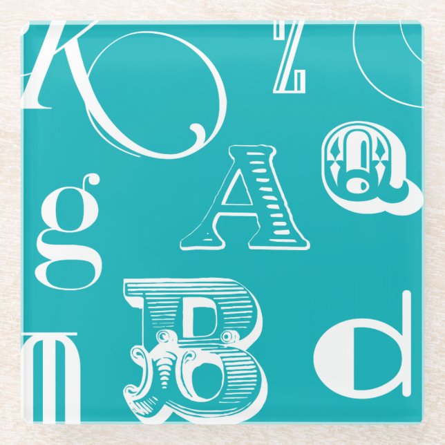 Decorative Letters on Blue Background Glass Coaster (Front)