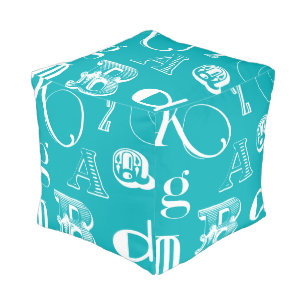 Decorative Letters on Blue Background Pouf