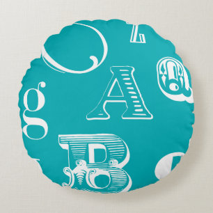 Decorative Letters on Blue Background Round Pillow