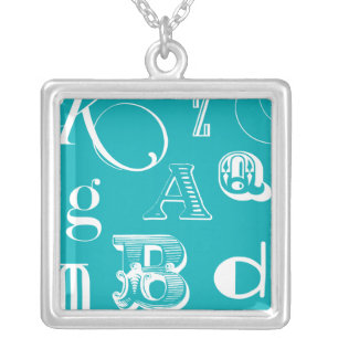 Decorative Letters on Blue Background Silver Plated Necklace