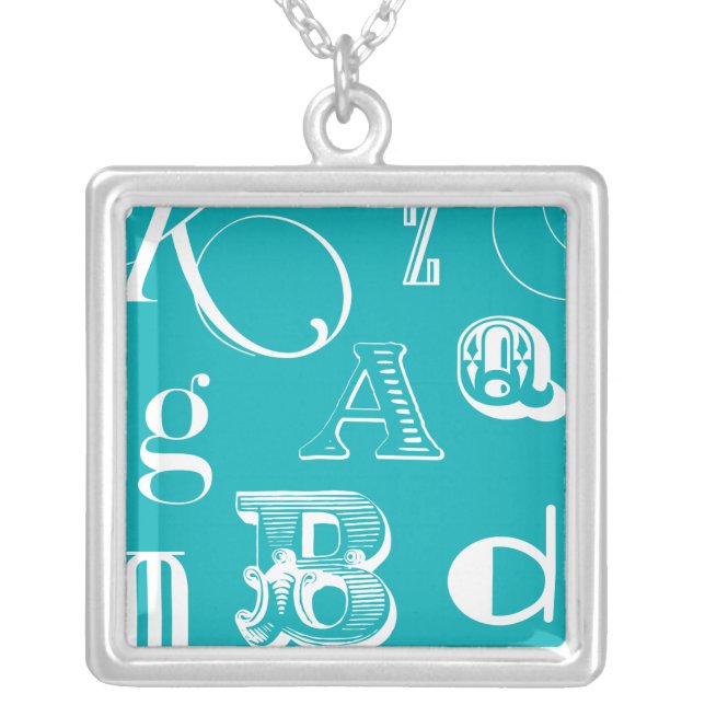 Decorative Letters on Blue Background Silver Plated Necklace (Front)