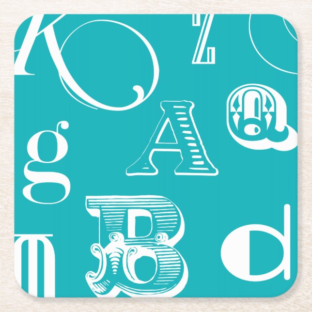 Decorative Letters on Blue Background Square Paper Coaster (Front)
