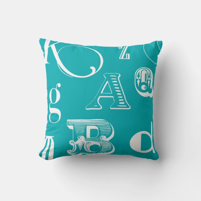 Decorative Letters on Blue Background Throw Pillow (Front)