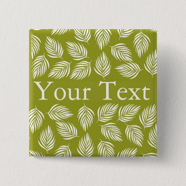 Decorative Lime Green Leaves Pattern Custom Text Button (Front)