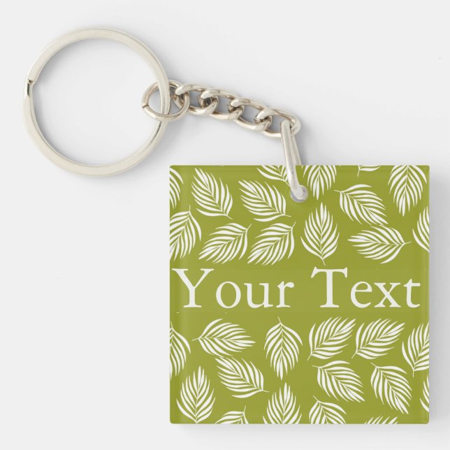 Decorative Lime Green Leaves Pattern Custom Text Keychain (Front)
