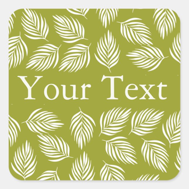 Decorative Lime Green Leaves Pattern Custom Text Square Sticker (Front)