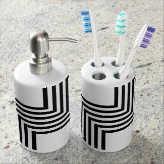 Decorative line art, black stripes on white canvas soap dispenser & toothbrush holder