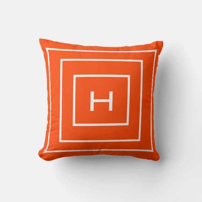 Decorative Lines Monogram Bright Orange Custom Throw Pillow (Front)