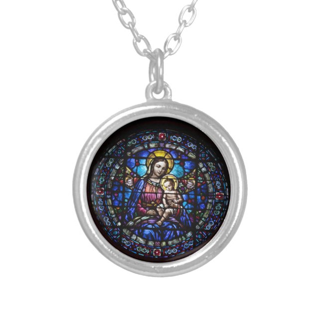 Decorative Madonna And Child Silver Plated Necklace (Front)