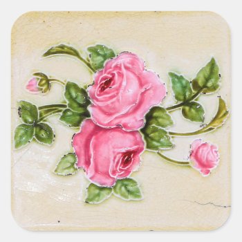 Decorative Majolica Vintage Rose Floral Tile Square Sticker by wheresmymojo at Zazzle