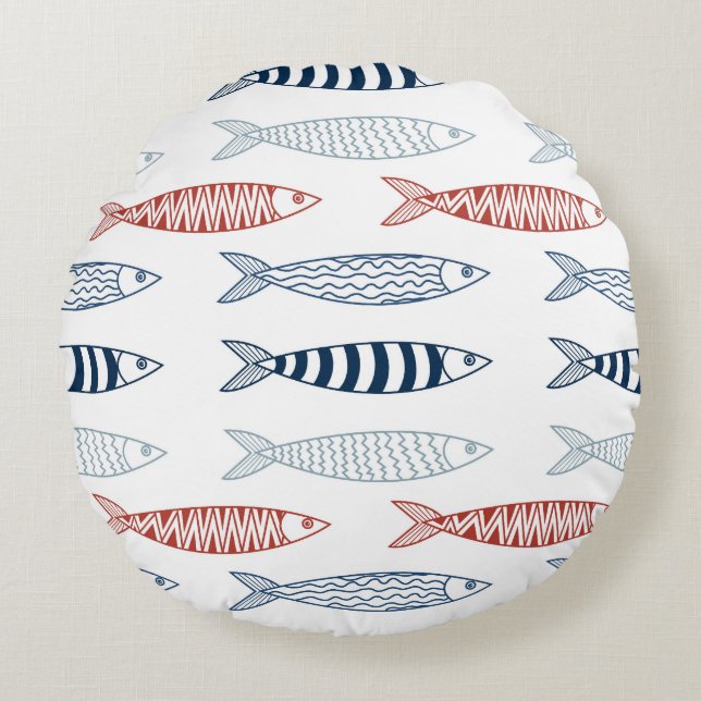 Decorative Mediterranean Sardines Fish Pattern Round Pillow (Front)