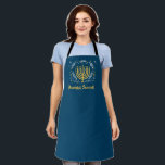 Decorative Menorah Hanukkah Apron<br><div class="desc">Extend the Chanukah celebration to the kitchen this season. This decorative Hanukkah apron features a gold menorah surrounded by leaves,  stars,  and swirls against a rich blue background. Add your own message in bright yellow underneath. Perfect for those eight crazy nights! Available with matching products.</div>