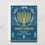 Decorative Menorah Hanukkah Holiday Party Invitation<br><div class="desc">Make Chanukah special and celebrate with family and friends with this decorative Hanukkah party invitation. A gold menorah is surrounded by leaves,  stars,  and swirls against a rich blue background. Available with matching products.</div>
