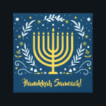 Decorative Menorah Hanukkah Wood Wall Art<br><div class="desc">Add some Chanukah decor to your household this season. This decorative Hanukkah canvas features a gold menorah surrounded by leaves,  stars,  and swirls against a rich blue background. Add your own message below. Available with matching products.</div>