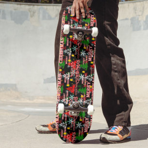 Decorative Merry Christmas Text Pattern Design Skateboard