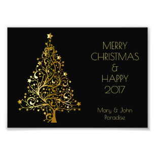 Decorative Merry Christmas Tree Stars Black Gold Photo Print